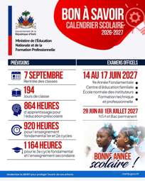 Infographie présentant les principaux éléments du calendrier scolaire haïtien 2026-2027.