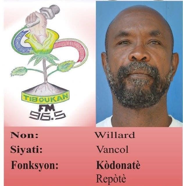 Carte de presse de Willard Vancol avec son portrait et le logo de Ti Boukan FM.