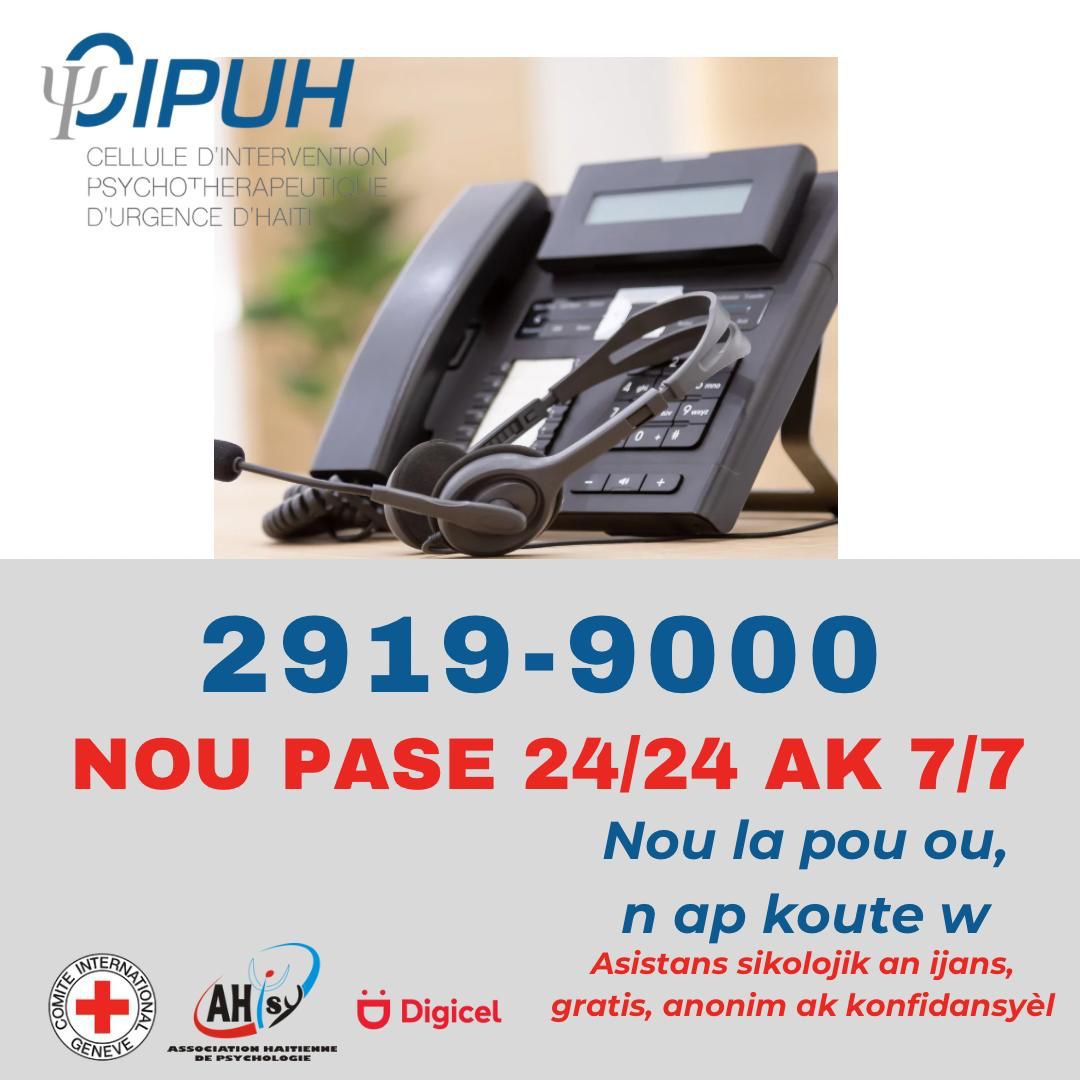 CIPUH emergency psychological assistance poster with the hotline number 2919-9000.
