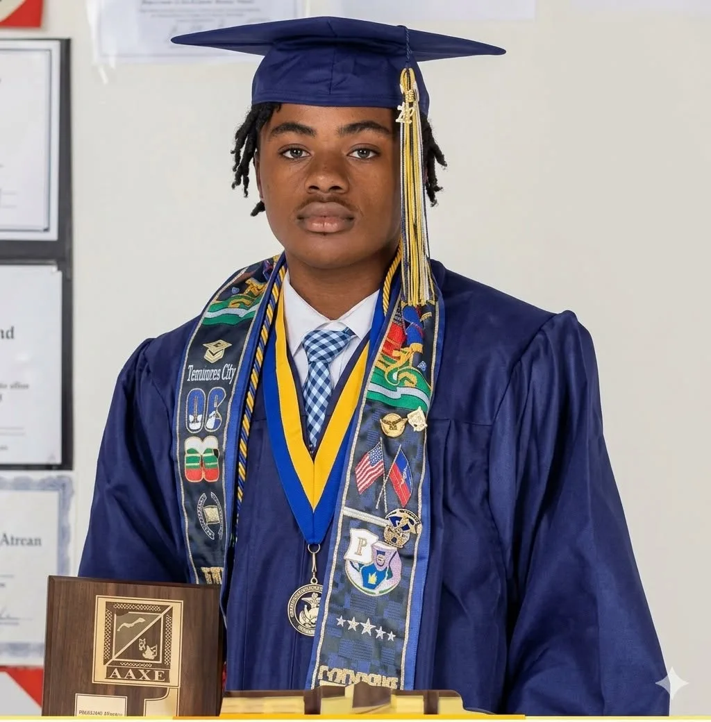 Pierre Damas Bel wearing his graduation cap and gown.