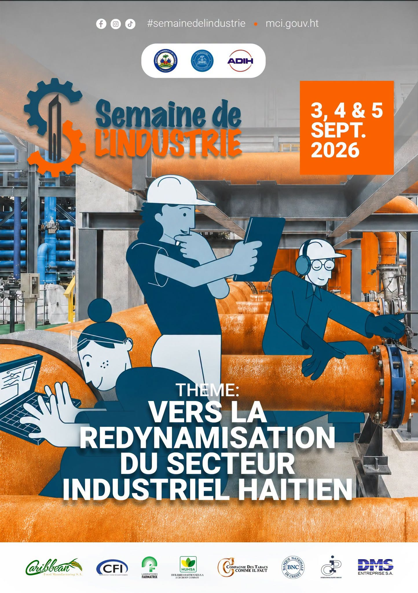 Affiche de la Semaine de l'industrie 2026 montrant des travailleurs au milieu d'installations industrielles.